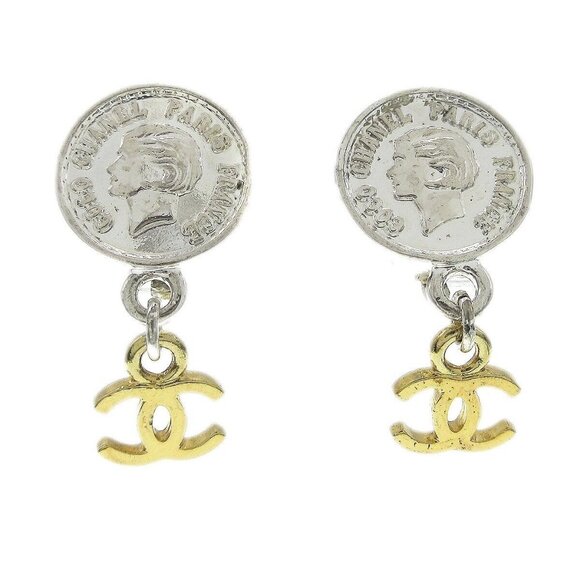 Chanel Medallion Dangle Earrings Gold Silver Clip-On - Picture 1 of 4
